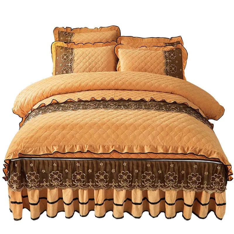 Ai·Winsure quilted velvet bedding set with lace duvet cover, bed skirt, and pillowcases in queen and king size, European solid design.