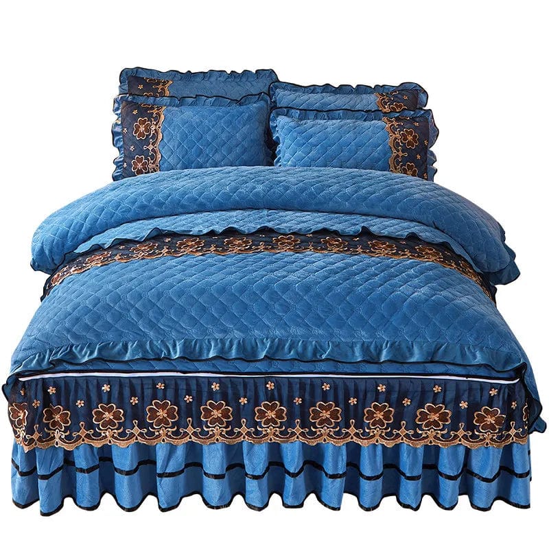 Ai·Winsure quilted velvet bedding set with lace duvet cover, bed skirt, and pillowcases in queen and king sizes, featuring European solid design.
