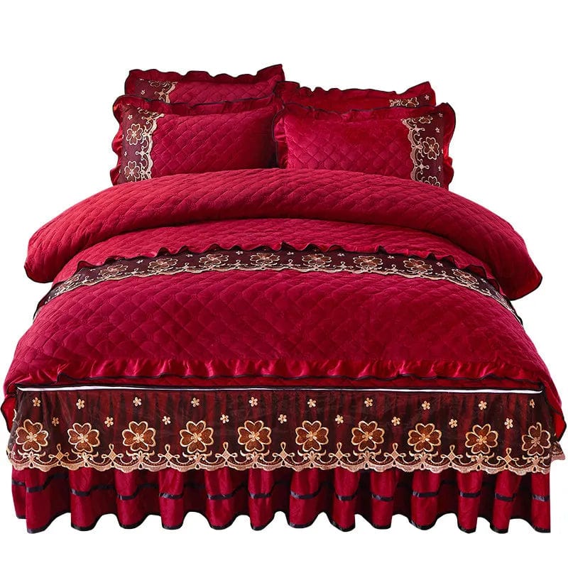 Ai·Winsure quilted velvet bedding set with lace duvet cover, bed skirt, and pillowcases for queen or king size beds.