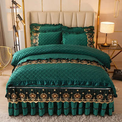 AI WINSURE Quilted Velvet Bedding Set Queen King Size Double Bed Duvet Cover Lace Zipper Bed Skirt European Solid 2 Pillowcases - SHOWLU FASHION STORE