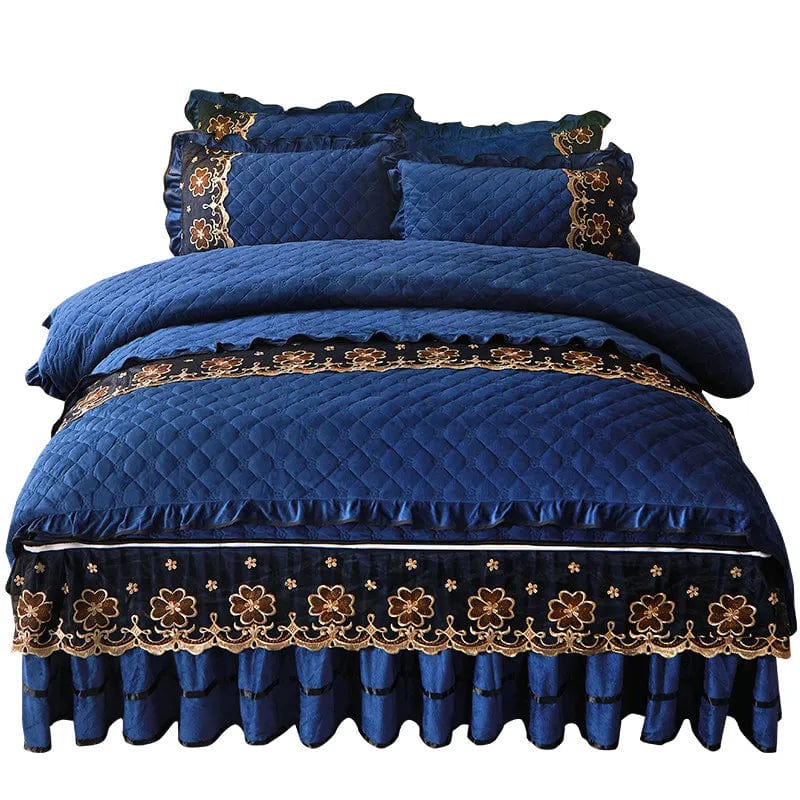 Ai·Winsure quilted velvet bedding set with lace duvet cover, bed skirt, and pillowcases in queen and king sizes.