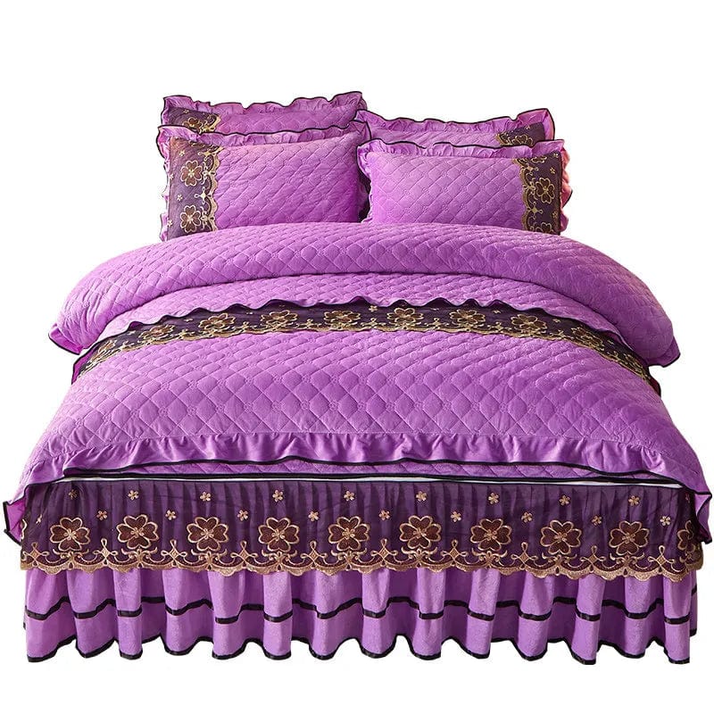 AI·Winsure quilted velvet bedding set with lace duvet cover, bed skirt, and pillowcases in queen and king sizes.