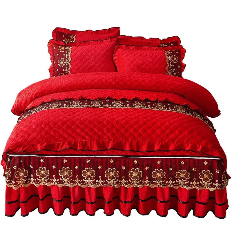 Ai·Winsure quilted velvet bedding set with lace duvet cover, bed skirt, and pillowcases for queen or king size beds.