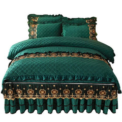 AI WINSURE Quilted Velvet Bedding Set Queen King Size Double Bed Duvet Cover Lace Zipper Bed Skirt European Solid 2 Pillowcases - SHOWLU FASHION STORE