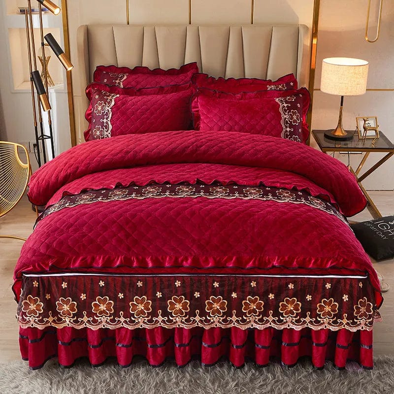Ai·Winsure quilted velvet bedding set with lace duvet cover, bed skirt, and pillowcases, available in queen and king sizes.