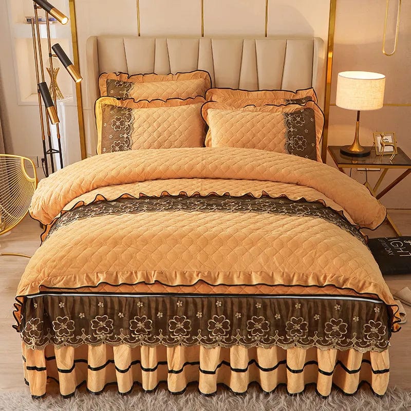 Ai·Winsure quilted velvet bedding set with lace duvet cover, bed skirt, and pillowcases for queen and king beds.