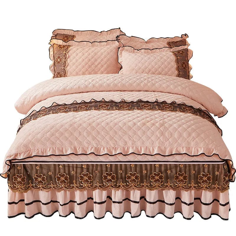 Ai·Winsure quilted velvet bedding set with lace duvet cover, bed skirt, and pillowcases in queen and king sizes.