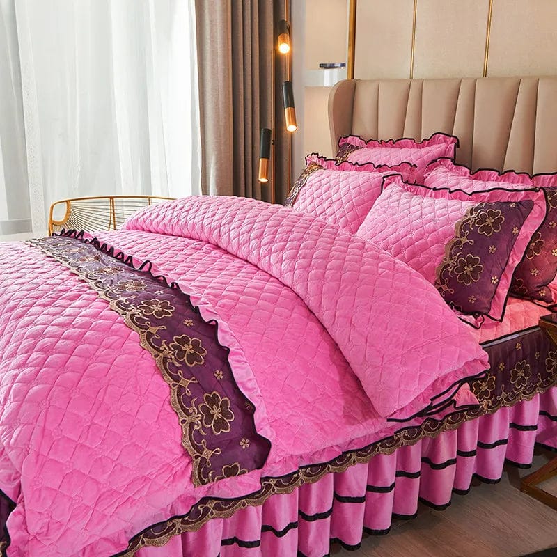 Ai·Winsure quilted velvet bedding set with lace duvet cover, bed skirt, and pillowcases in queen and king sizes.