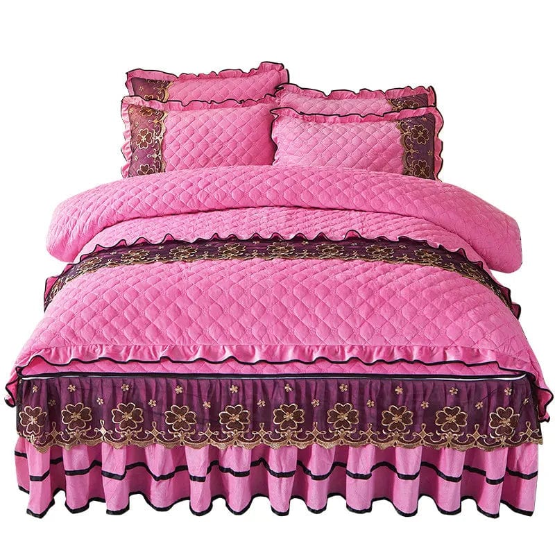 AI WINSURE Quilted Velvet Bedding Set Queen King Size Double Bed Duvet Cover Lace Zipper Bed Skirt European Solid 2 Pillowcases - SHOWLU FASHION STORE