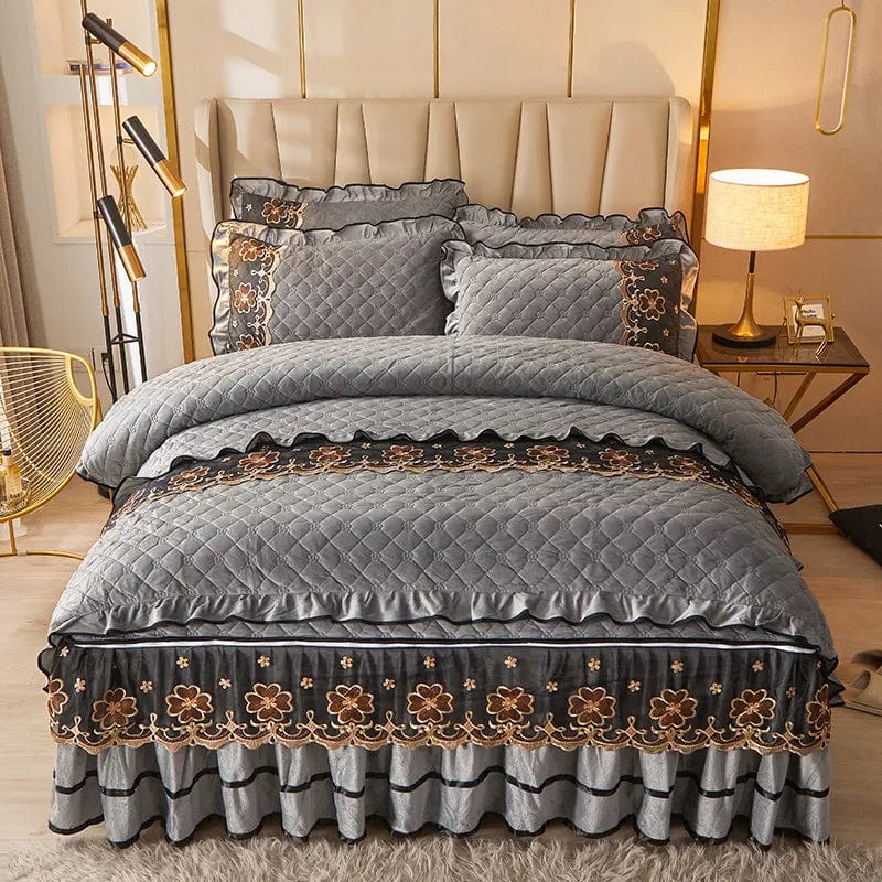 Ai·Winsure quilted velvet bedding set with lace duvet cover, bed skirt, and pillowcases for queen or king size beds.