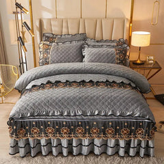 AI WINSURE Quilted Velvet Bedding Set Queen King Size Double Bed Duvet Cover Lace Zipper Bed Skirt European Solid 2 Pillowcases - SHOWLU FASHION STORE