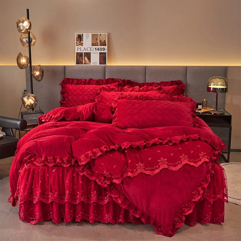 AI WINSURE Winter Embroidered Velvet Duvet Cover Set King Double Queen Size 4pcs Bedding Set Lace Bedspread with 2 Pillow Shams - SHOWLU FASHION STORE