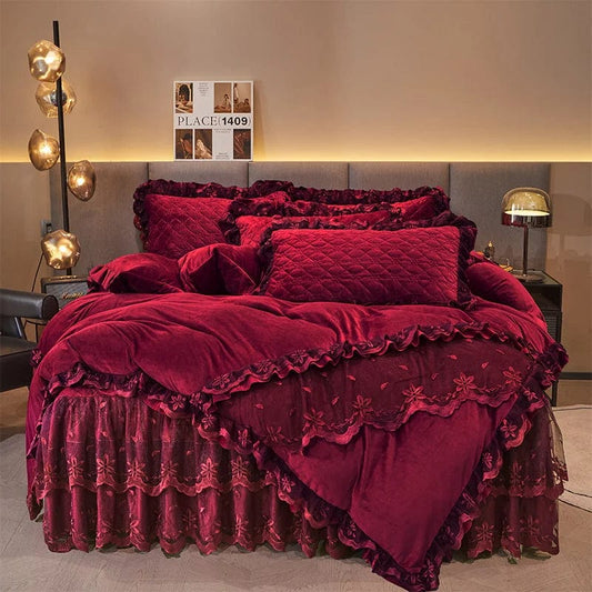 AI WINSURE Winter Embroidered Velvet Duvet Cover Set King Double Queen Size 4pcs Bedding Set Lace Bedspread with 2 Pillow Shams - SHOWLU FASHION STORE