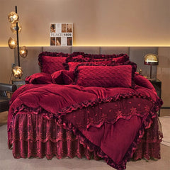 AI WINSURE Winter Embroidered Velvet Duvet Cover Set King Double Queen Size 4pcs Bedding Set Lace Bedspread with 2 Pillow Shams - SHOWLU FASHION STORE