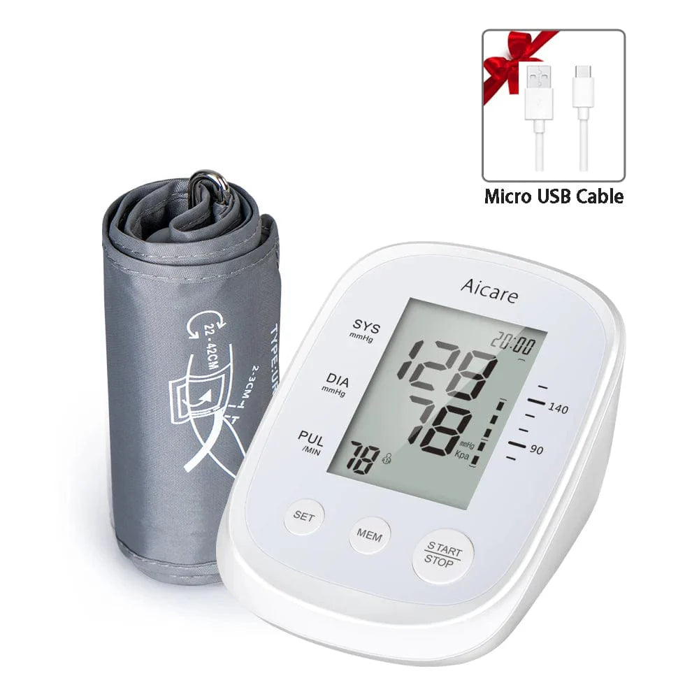 AICARE upper arm automatic digital blood pressure monitor with cuff and display for accurate BP readings.