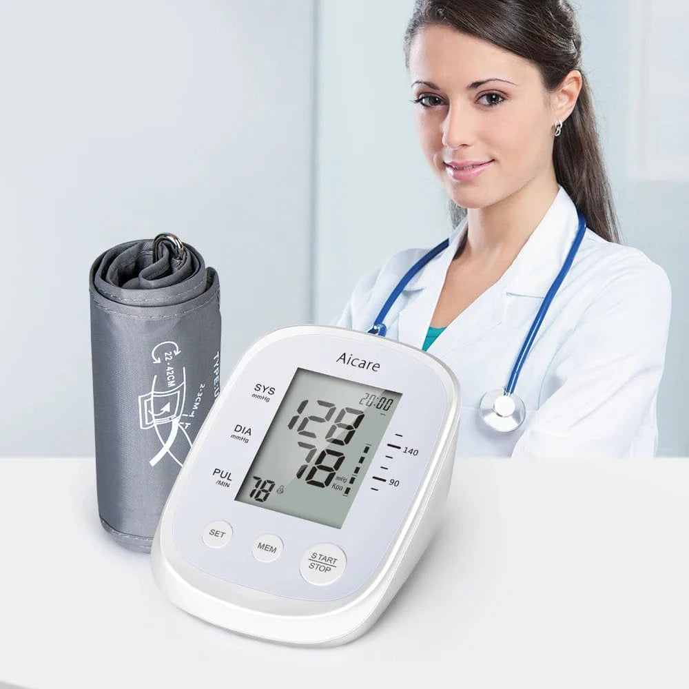 AICARE digital upper arm blood pressure monitor with cuff and display for automatic blood pressure readings.