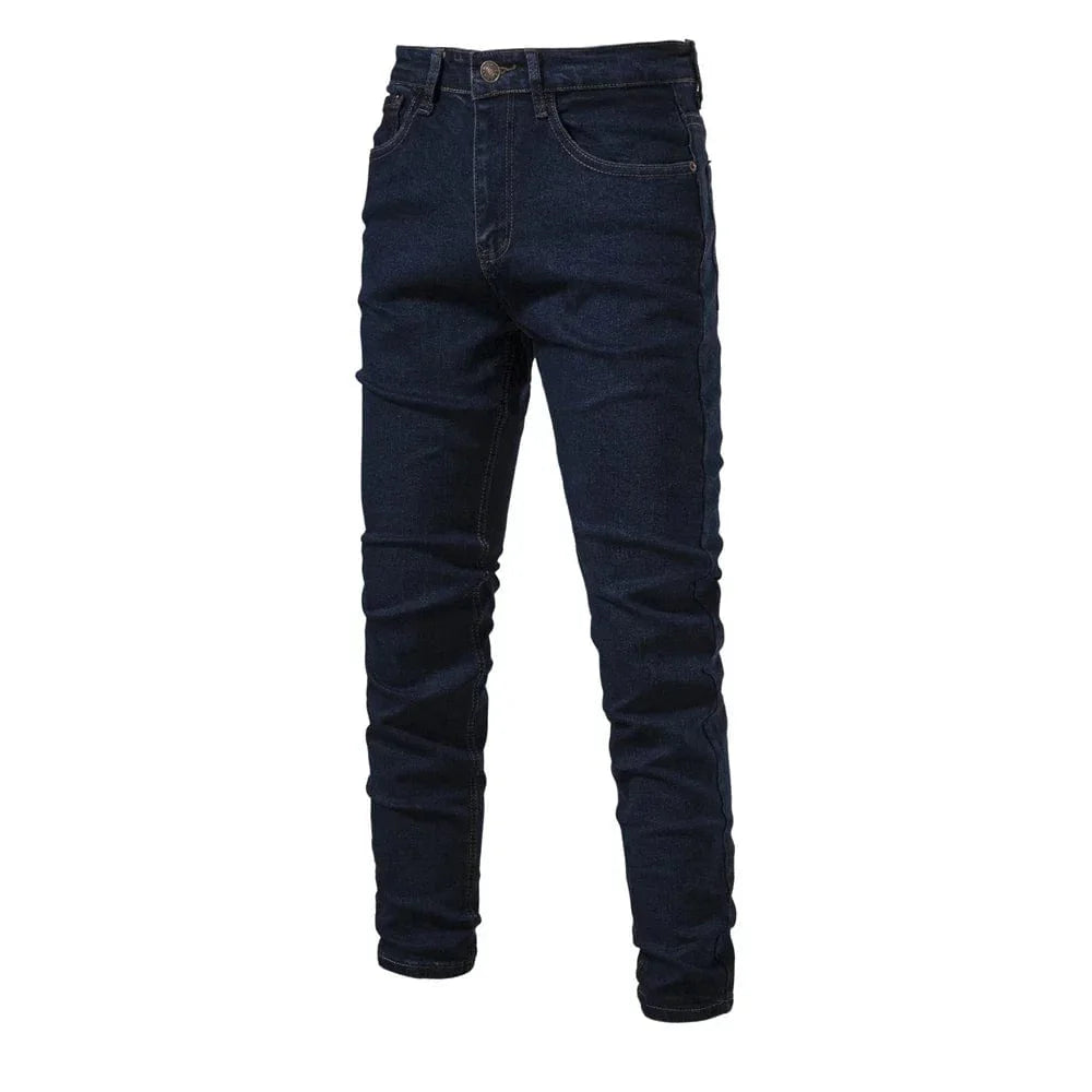 Slim fit men's denim jeans by AIOPESON, showing straight cut design, cotton fabric, ideal for business casual or casual wear.