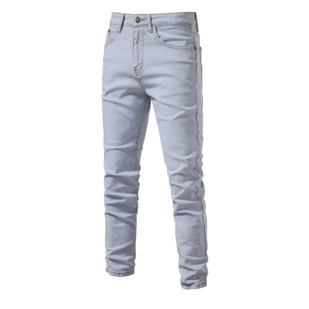 AIOPESON men's slim fit straight denim jeans in cotton, casual business style, shown in a neutral color with front and back views.