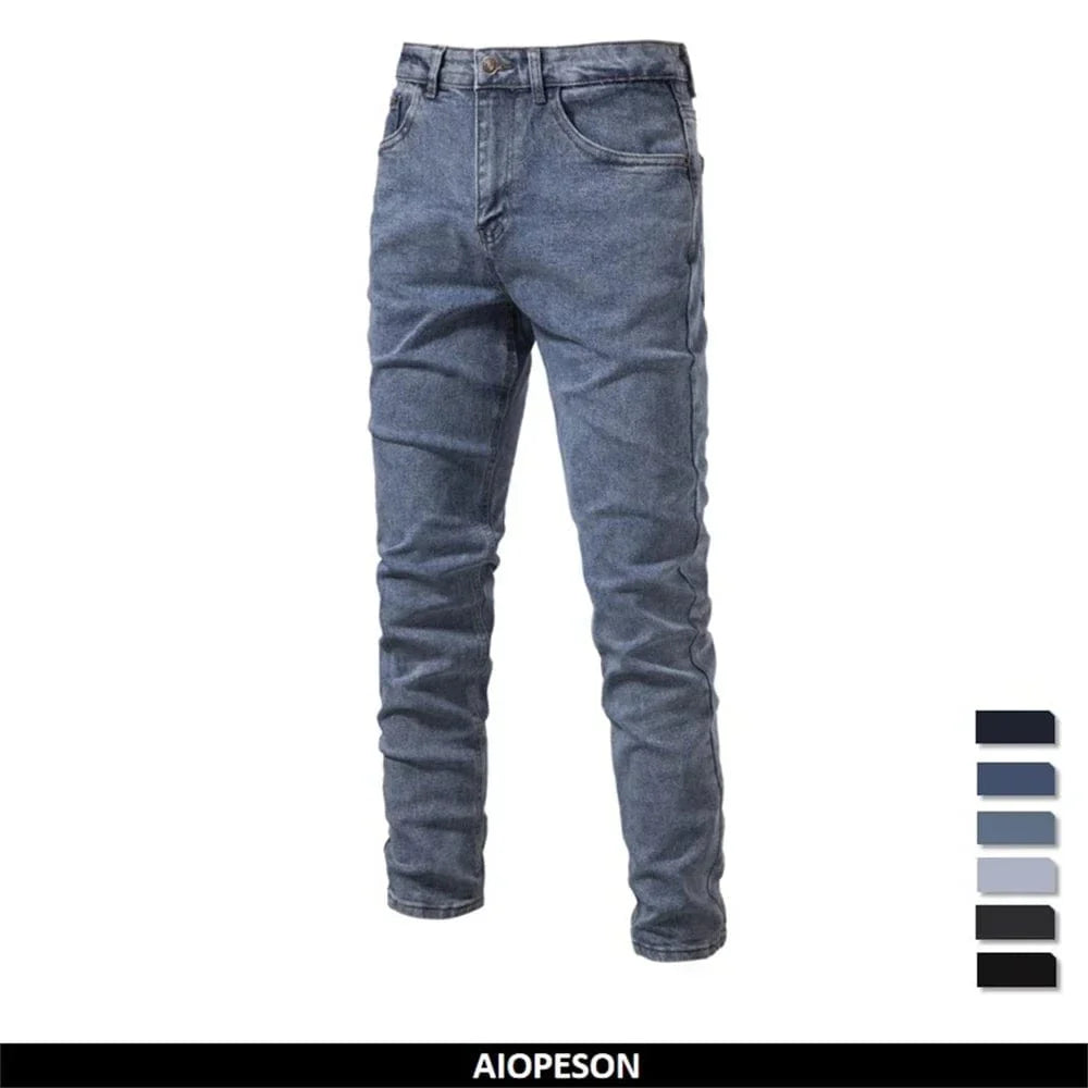 Men's slim fit straight denim jeans by AIOPESON, made of quality cotton, ideal for business casual and casual wear.