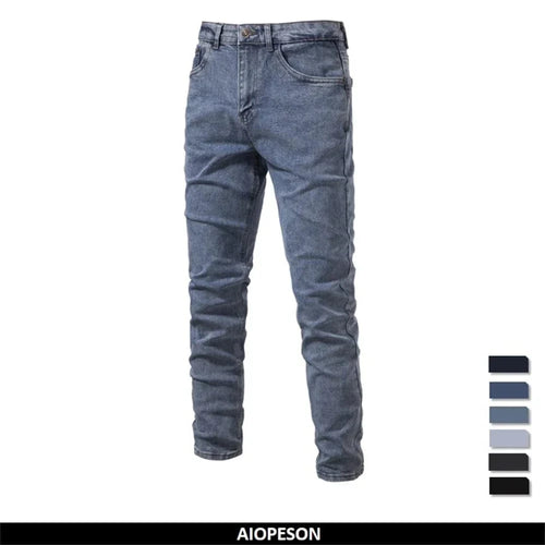 Men's slim fit straight denim jeans by AIOPESON, made of quality cotton, ideal for business casual and casual wear.