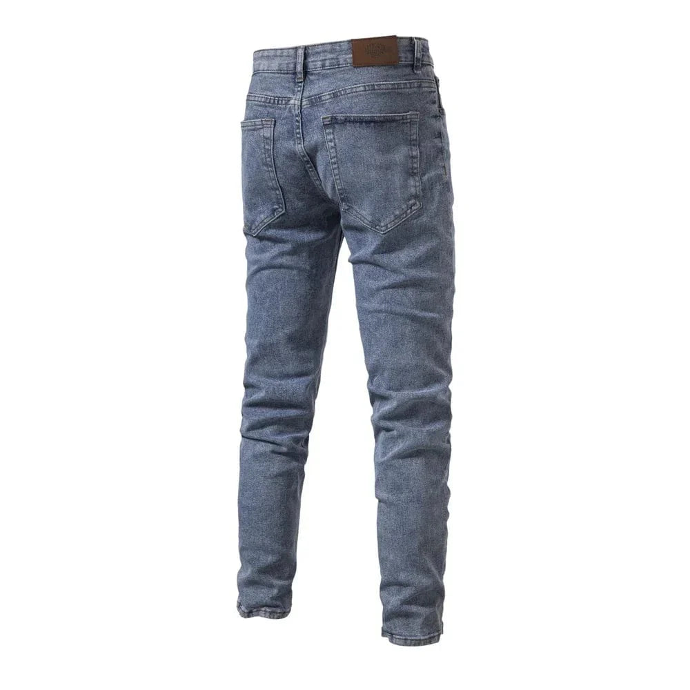 Showlu Fashion Men's Slim Fit Straight Denim Jeans made of cotton, ideal for business casual and everyday wear.