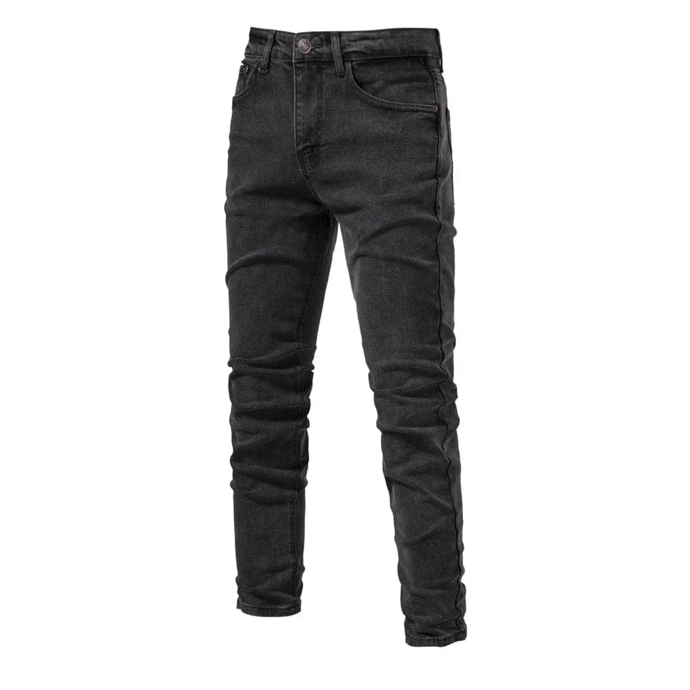 AIOPESON men's slim fit straight denim jeans in cotton, showcasing a casual business style with classic blue denim fabric.