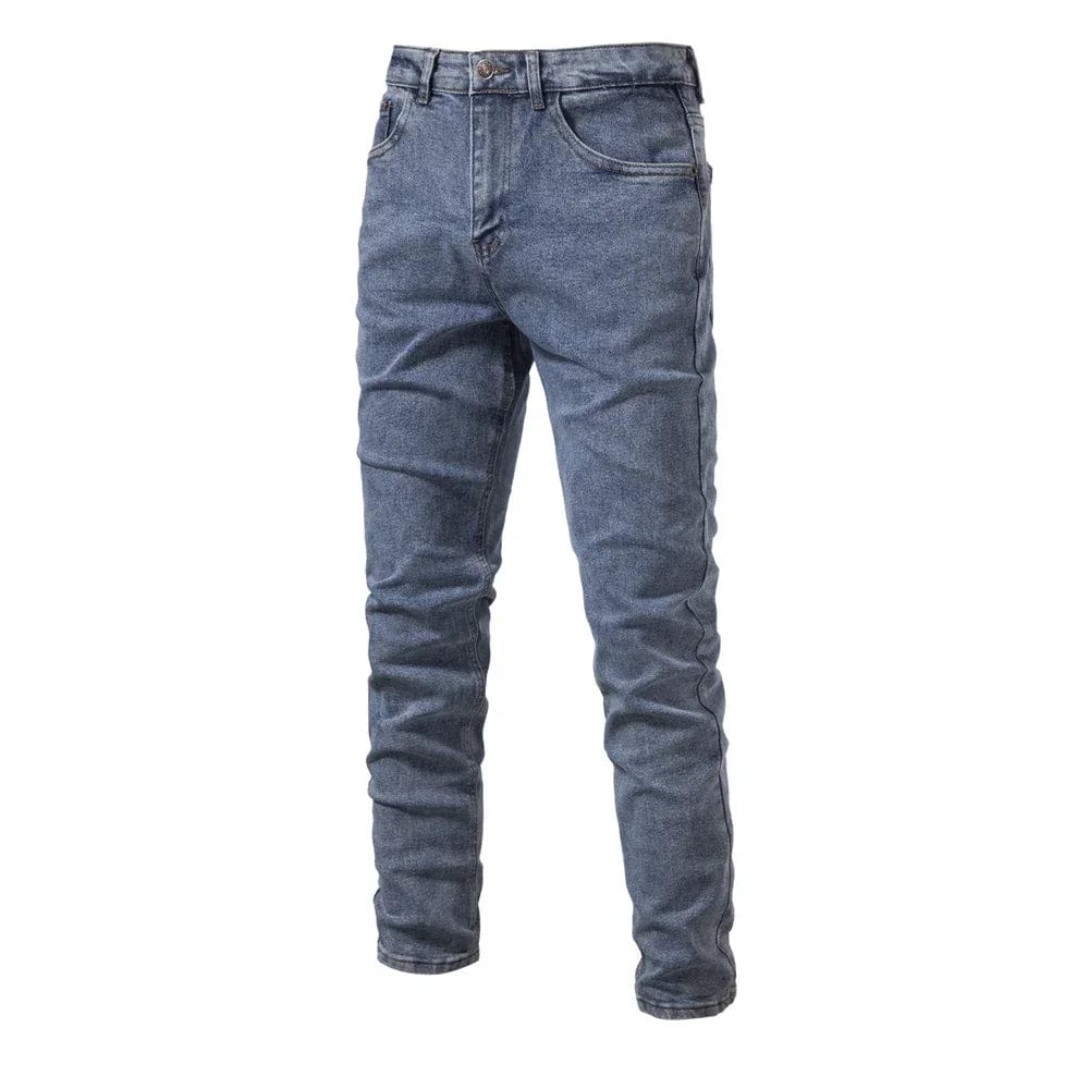A pair of men's slim fit straight denim jeans by Showlu Fashion, made of quality cotton, perfect for business casual or casual wear.