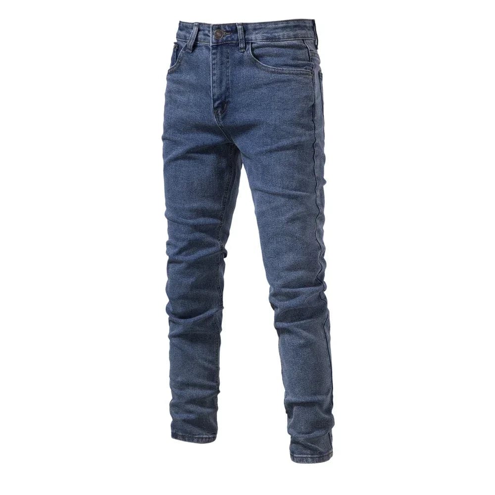 A pair of Showlu Fashion Store men's slim fit straight denim jeans made of cotton, ideal for business casual and everyday wear.