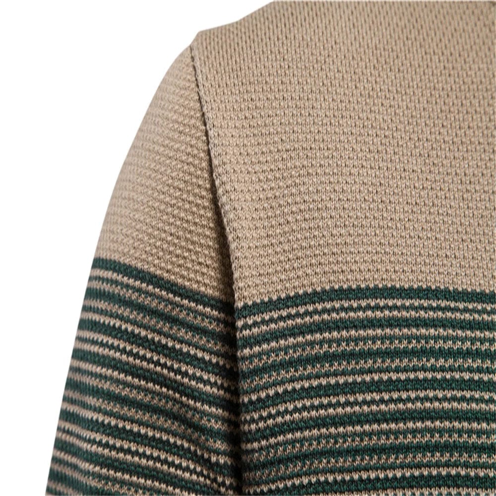 AIOPESON men's cotton O-neck striped knitted pullover sweater, casual winter warm sweater for men, showing spliced design and knit texture.