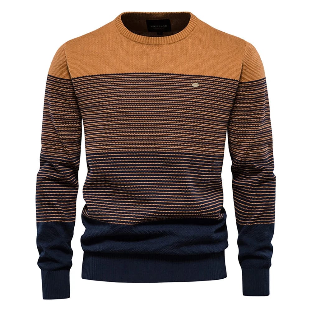 AIOPESON men's cotton O-neck striped knitted pullover sweater showing a casual winter style with spliced design and warm fabric.
