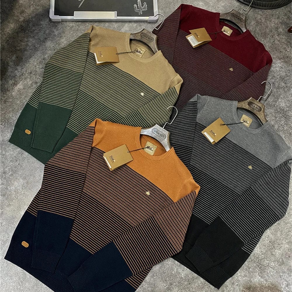 Men's cotton O-neck striped knitted pullover sweater by AIOPESON, casual winter warm sweater with spliced design and comfortable fit.