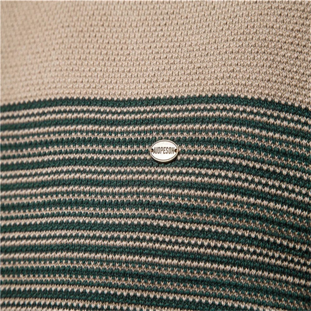 AIOPESON men's cotton O-neck spliced striped knitted sweater, casual winter warm pullover for men, showing the striped design and fit.