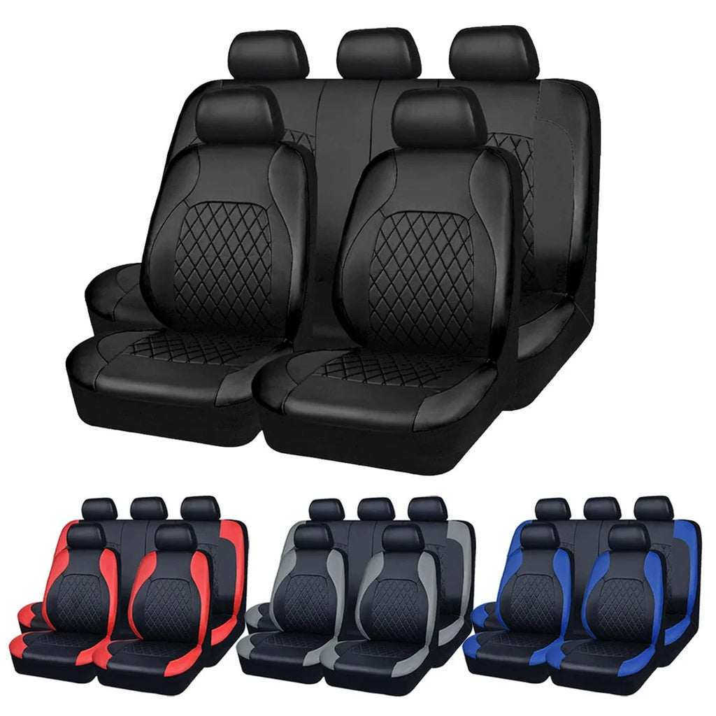 Showlu quilted PU leather car seat covers set with full coverage, waterproof protection, universal fit for sedans, SUVs, and trucks.