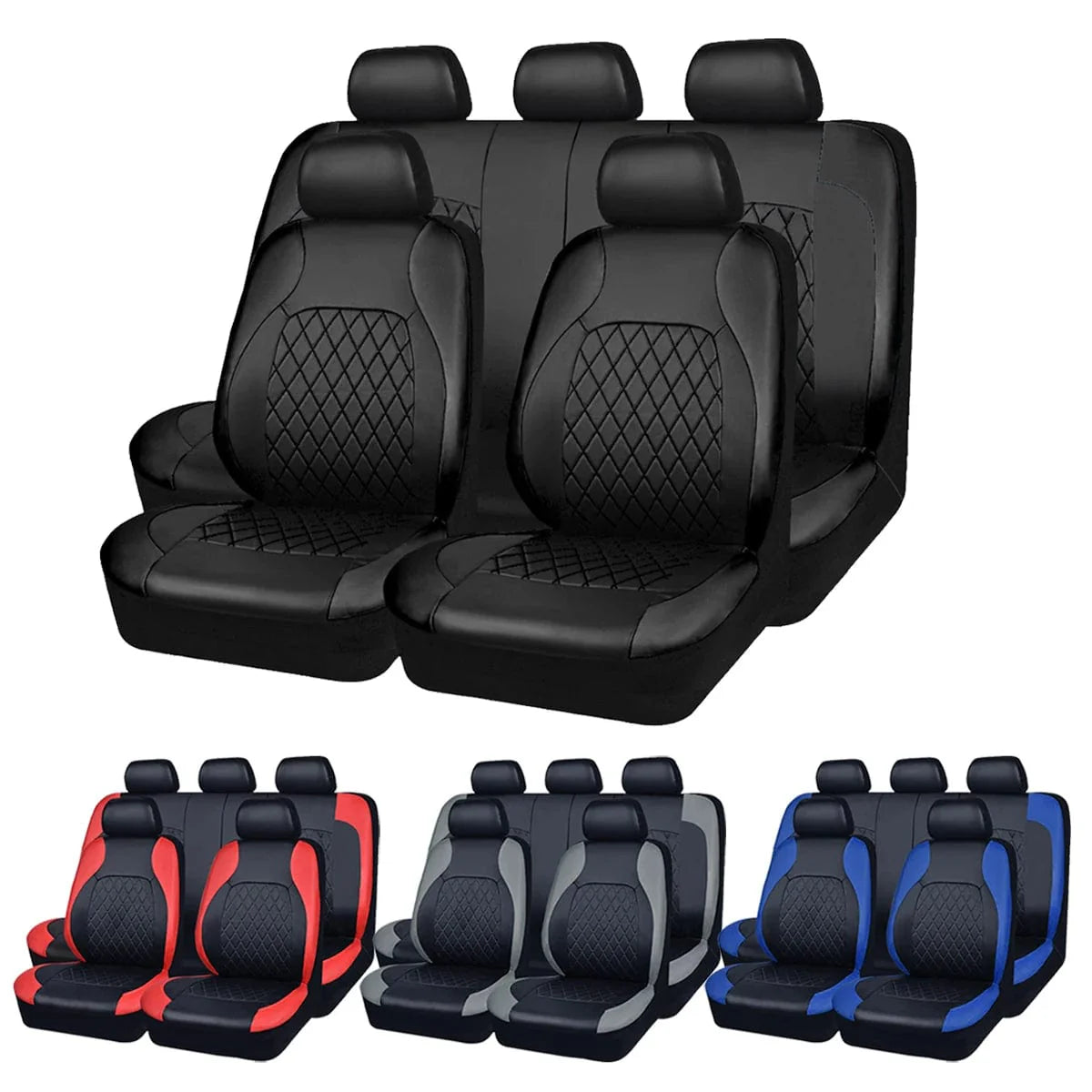 Showlu quilted PU leather car seat covers set with full coverage, waterproof protection, universal fit for sedans, SUVs, and trucks.