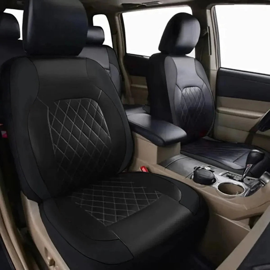 Showlu Quilted PU Leather Car Seat Covers set for full vehicle protection, waterproof, universal fit for sedans, SUVs, and trucks.