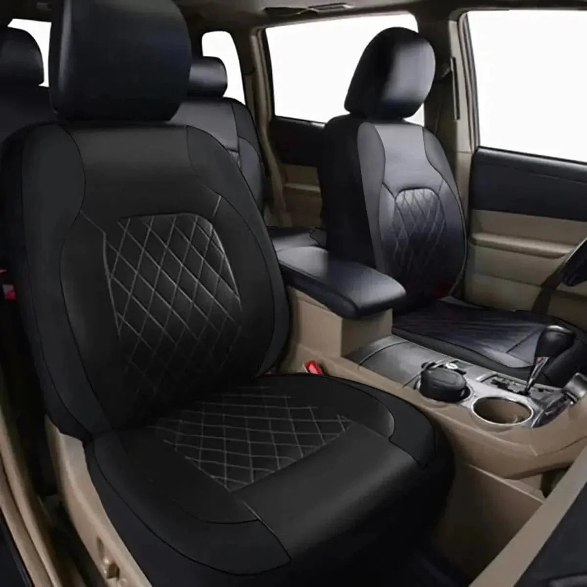 Showlu Quilted PU Leather Car Seat Covers set for full vehicle protection, waterproof, universal fit for sedans, SUVs, and trucks.
