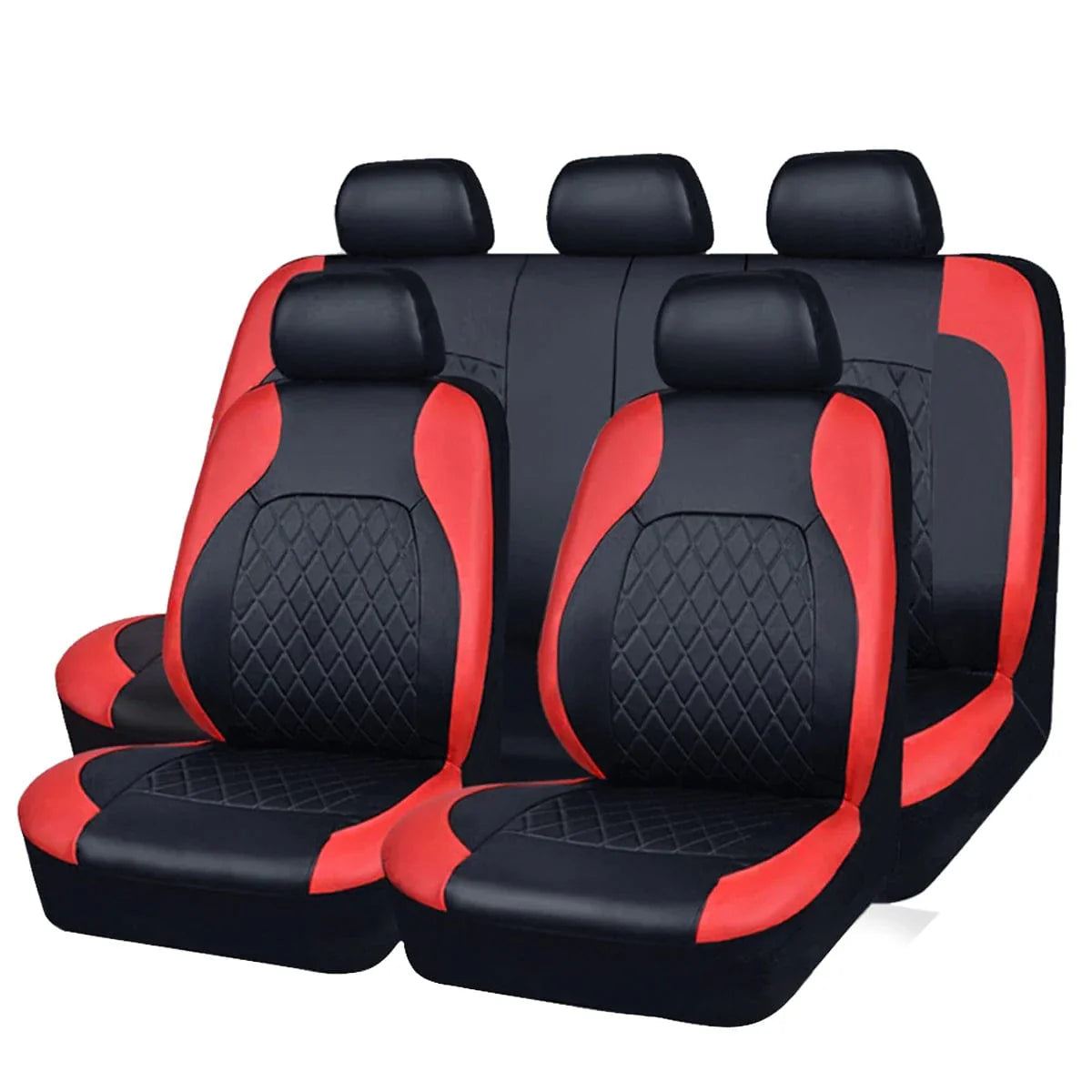 Showlu Quilted PU leather car seat covers set with full surrounding protection, waterproof, universal fit for sedans, SUVs, and trucks.