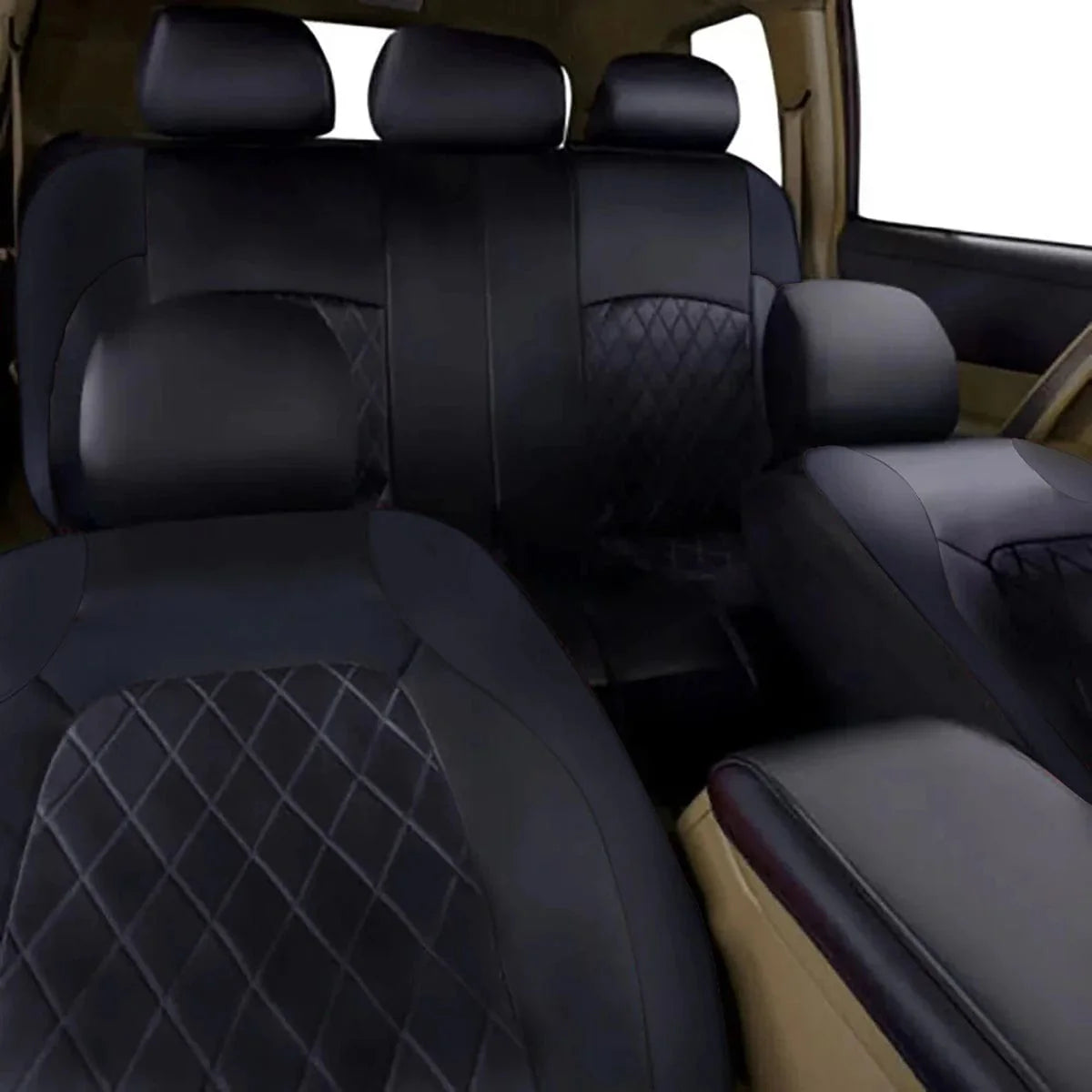 Showlu Quilted PU Leather Car Seat Covers set, full 9-piece universal fit for sedans, SUVs, and trucks, waterproof and all-season protection.