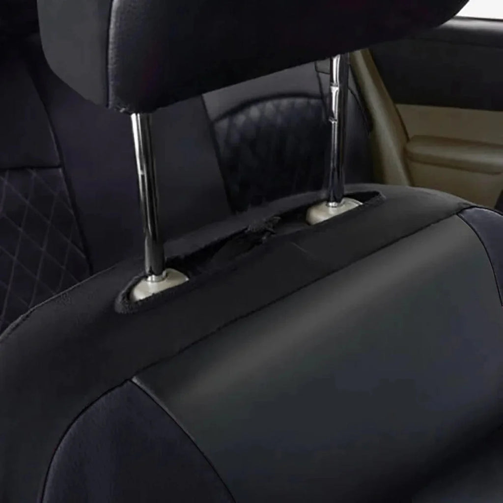 Showlu quilted PU leather car seat covers, full 9-piece set, waterproof, universal fit for sedans, SUVs, and trucks.