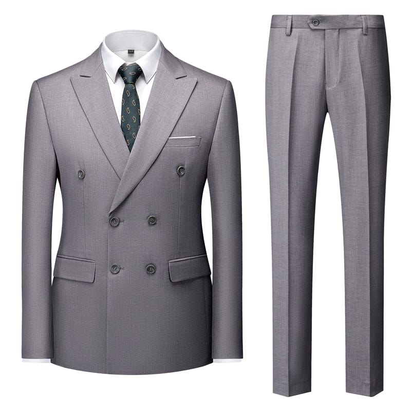 Sky blue double-breasted men's business suit from Showlu Fashion, slim fit, British style, tailored for formal or stage occasions.