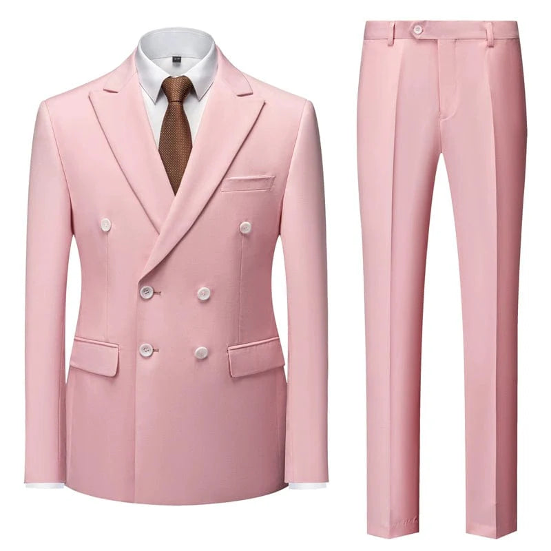 Sky blue double-breasted men's business suit, slim fit, stylish British-inspired design, suitable for formal events and stage activities.