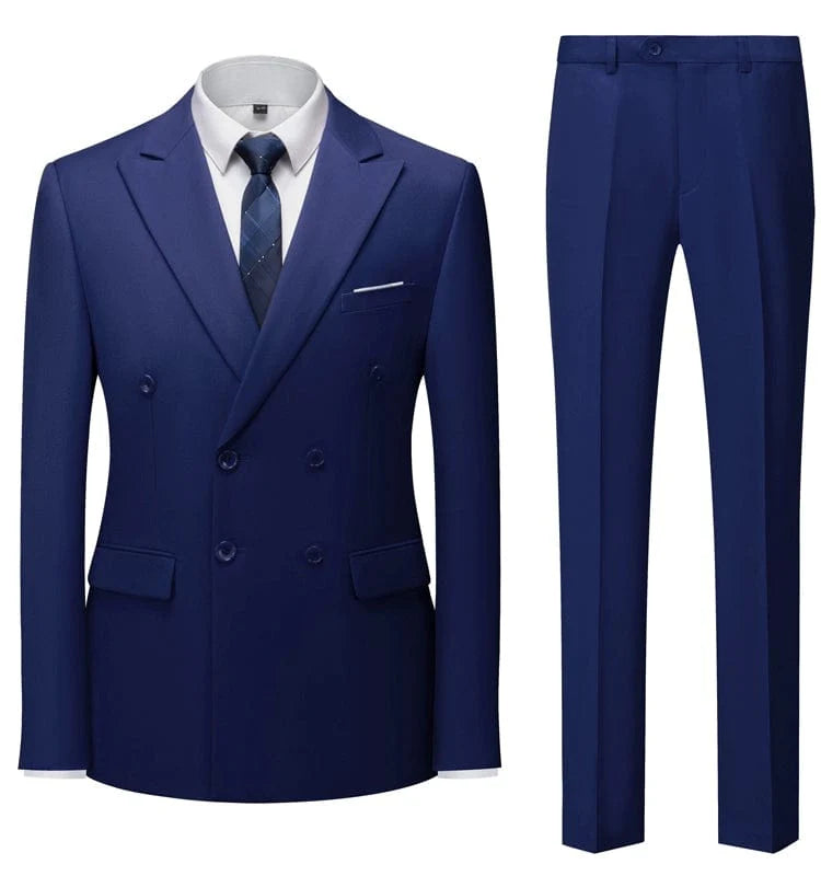 Sky blue double-breasted men's business suit from Showlu Fashion, slim fit with British style, suitable for formal or stage wear.