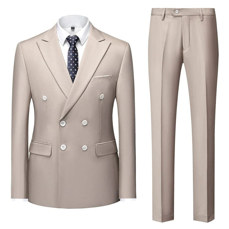 Sky blue double-breasted men's business suit by Showlu Fashion, slim fit, tailored for formal, stage, or activity wear.