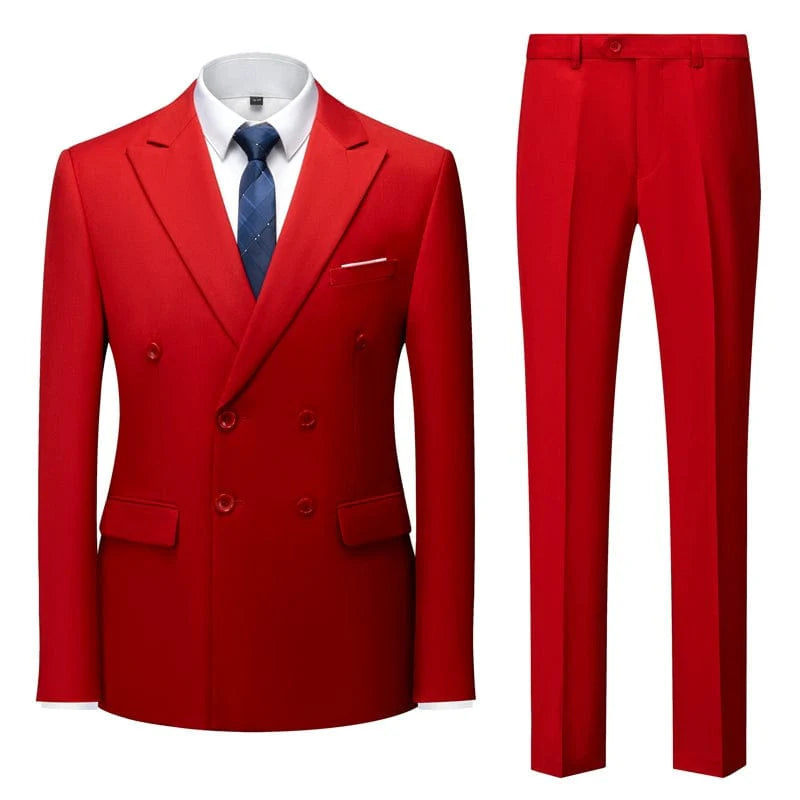 Sky blue double-breasted men's business suit by Showlu Fashion, slim fit, British style, suitable for formal events and stage performances.