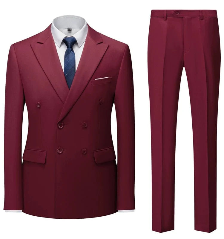 Sky blue double-breasted men's slim fit business suit by Showlu Fashion, featuring a classic British style for formal or stage wear.