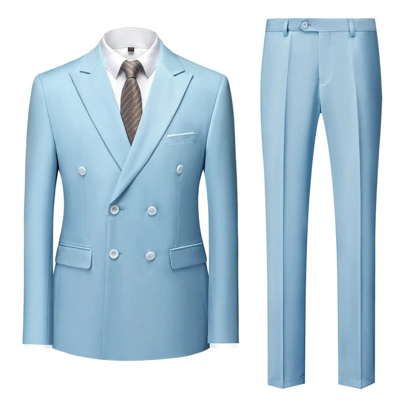 Sky blue double-breasted men's business suit by Showlu Fashion, slim fit, British style, suitable for formal events and stage activities.