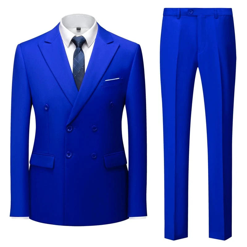 Sky blue double-breasted men's business suit by Showlu Fashion, slim fit and tailored for a stylish British-inspired look