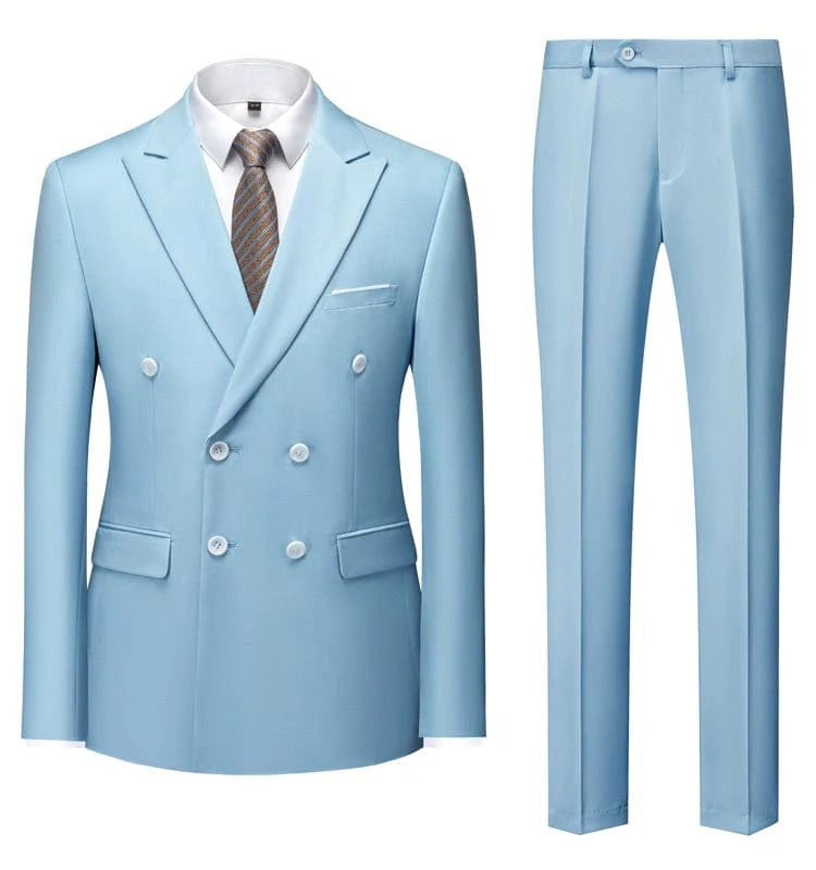 Sky blue double-breasted men's business suit by Showlu Fashion, slim fit, British style, suitable for formal and stage occasions.