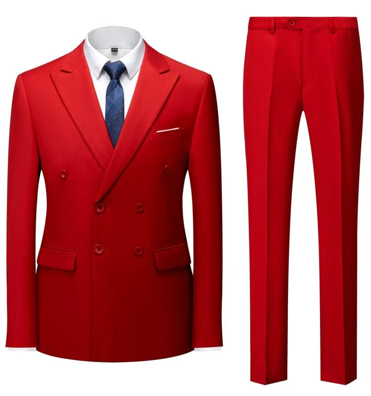 Sky blue double-breasted men's business suit by Showlu Fashion, slim fit with British style, suitable for formal and stage events.