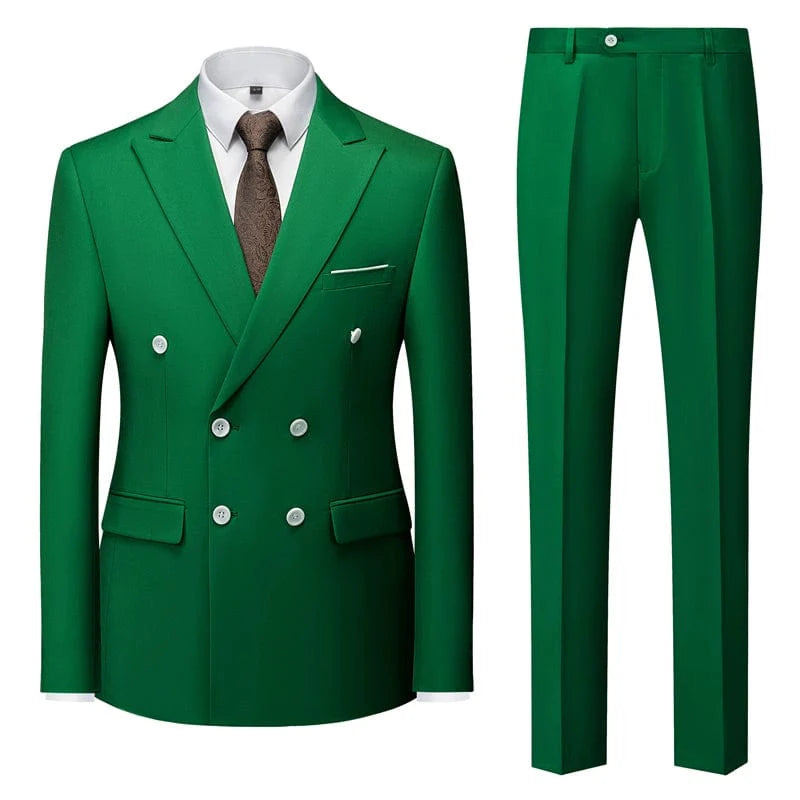 Sky blue double-breasted men's business suit by Showlu Fashion, slim fit with British style, suitable for formal and stage attire.